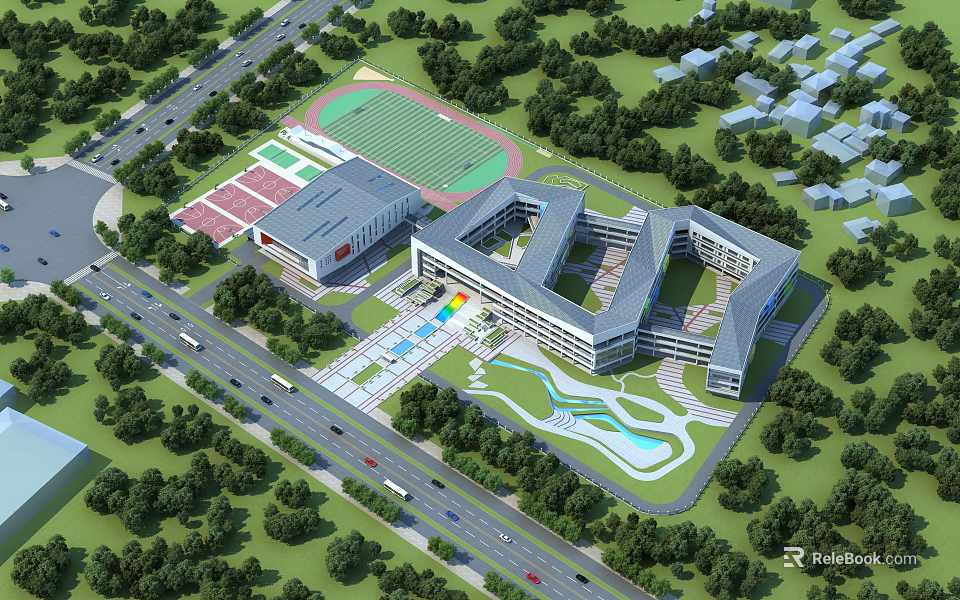 Modern School Buildings Complex With Sports Field Central Plaza And Lush Greenery 3d model 