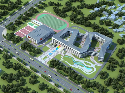 Modern School Buildings Complex With Sports Field Central Plaza And Lush Greenery 3d model