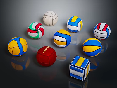 Different Types Of Colorful Sports Equipment With Volleyballs Football And Rubik's Cube 3d model