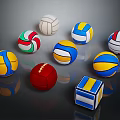Different Types Of Colorful Sports Equipment With Volleyballs Football And Rubik's Cube