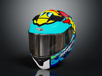 Blue Yellow Red Graphic Design Motorcycle Helmet With Visor And Strap 3d model