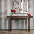 Console Table With Red Horse Decor And Wall Painting In Striped Wooden Design