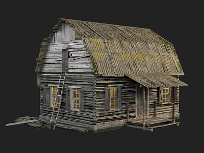 Old Wooden House With Weathered Log Structure Wooden Roof Ladder Windows And Porch 3d model