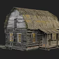 Old Wooden House With Weathered Log Structure Wooden Roof Ladder Windows And Porch