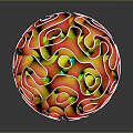 Decorative Sphere with Red Green Yellow Hues and White Curvy Patterns on Glossy Vibrant Surface