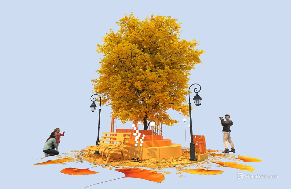 Vibrant Yellow Tree With Fallen Leaves Bench And Street Lamps Photo Check in Spot 3d model 