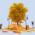 Vibrant Yellow Tree With Fallen Leaves Bench And Street Lamps Photo Check in Spot