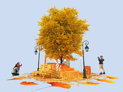 Vibrant Yellow Tree With Fallen Leaves Bench And Street Lamps Photo Check in Spot 3d model