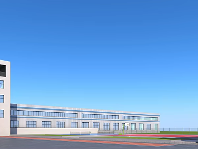 Modern Industrial Building With Large Glass Windows And Light Colored Exterior Under Blue Sky 3d model