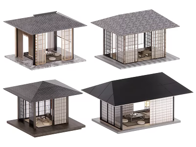 Japanese Garden Pavilions with Wooden Lattice Doors Various Roof Designs and Interior Seating 3d model