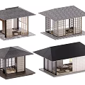 Japanese Garden Pavilions with Wooden Lattice Doors Various Roof Designs and Interior Seating