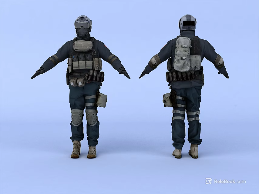 Back view of men in tactical gear with helmets backpacks knee pads and dark uniforms 3d model 