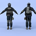 Back view of men in tactical gear with helmets backpacks knee pads and dark uniforms