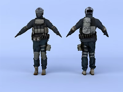 Back view of men in tactical gear with helmets backpacks knee pads and dark uniforms 3d model