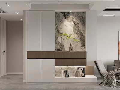 Modern Living Dining Room Interior Design With Marble Accent Wall Green Plant And Display Shelf 3d model