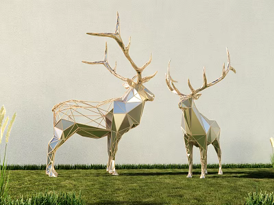 Two Geometric Metal Deer Sculptures As Art Installations On Grass With Light Colored Wall Background 3d model