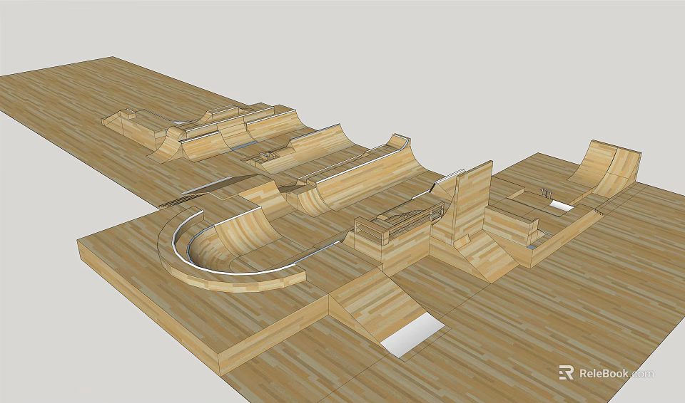 Wooden Skatepark 3D Model Design With Ramps Curves And Platforms 3d model 