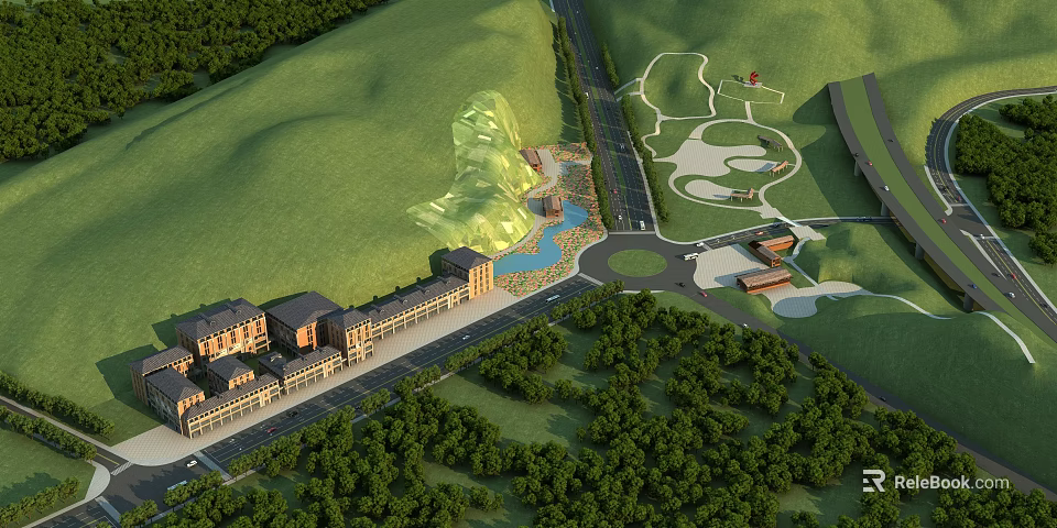 Detailed Aerial Planning of Hillside Development With Buildings Greenery Roads And Water Features 3d model 