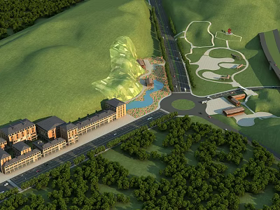 Detailed Aerial Planning of Hillside Development With Buildings Greenery Roads And Water Features 3d model