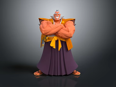 A Muscular Man Standing With Arms Crossed Wearing Yellow Top And Purple Robe Brown Sandals 3d model