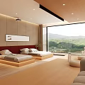 Modern Open Concept Living Space With Wooden Accents Large Windows And Artwork