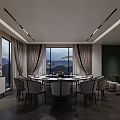 Elegant Private Dining Room with Round Table and Chairs Mountain View Windows and Curtains 3d model