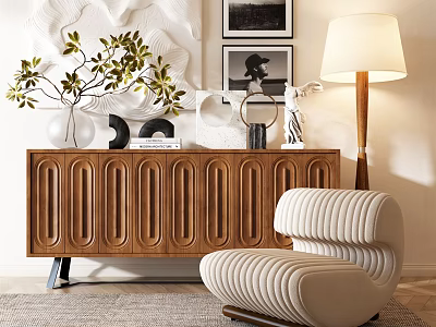 Elegant Modern Entryway Console Table With Wooden Carved Details Decorative Plants And Floor Lamp 3d model