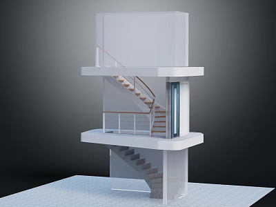 White Multi Level Building Model With Spiral Staircase And Glass Elevator Platforms 3d model