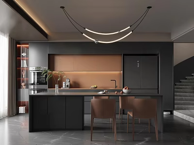 Modern Restaurant Interior With Black Cabinets Brown Wall Hanging Lights And Dining Table Chairs 3d model