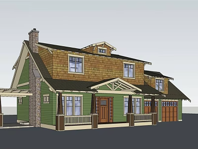Two Story Single Family House With Green Exterior Brown Roof Chimney Porch And Garage 3d model