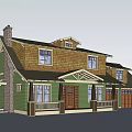 Two Story Single Family House With Green Exterior Brown Roof Chimney Porch And Garage
