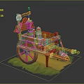Wooden Functional Cart With Wheels Containers And Tools On Green Grass Base