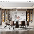 Modern Luxury Restaurant With Chinese Landscape Painting Round Table Brown Chairs Bookshelves And Pendant Light