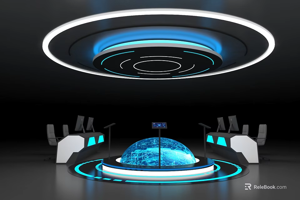 Futuristic Control Room With Circular Blue Lighting And Hemisphere Display Console 3d model 