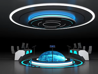 Futuristic Control Room With Circular Blue Lighting And Hemisphere Display Console 3d model