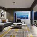 Modern Living Room Interior With Gray Sofa Black Armchair Decorative Painting And Geometric Rug