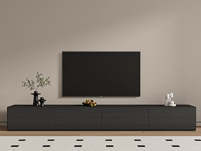 Modern TV Stand With Green Plant Fruits And Decorative Figurines Under Wall Mounted TV 3d model