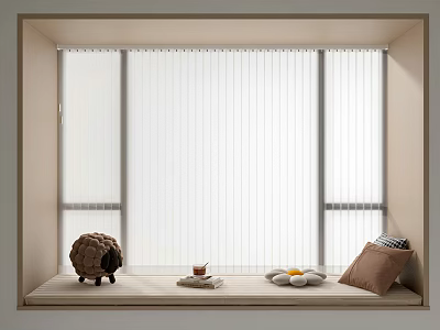Modern Window Curtains Design with Stuffed Toy Cup Eggs and Cushion on Windowsill 3d model