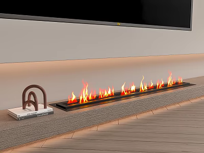Modern Linear Fireplace With Realistic Flames and Decorative Metal Arch on Wooden Floor With Rug 3d model