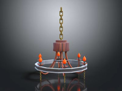 Ornate Chandelier With Wooden Base Metal Chain And Orange Flame Lights 3d model