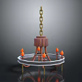 Ornate Chandelier With Wooden Base Metal Chain And Orange Flame Lights