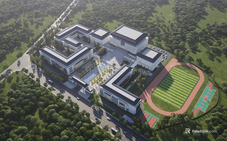 Aerial Planning of Modern Building Complex with Greenery Roads Track and Field and Tennis Court 3d model 