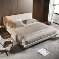 Modern Double Bed With Light Gray Bedding Nightstand Lamp And Chair On Wooden Floor