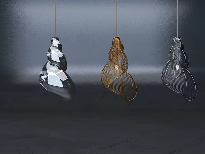 Modern Abstract Pendant Lights Black Gold Silver Metal Design Hanging Against Dark Background 3d model