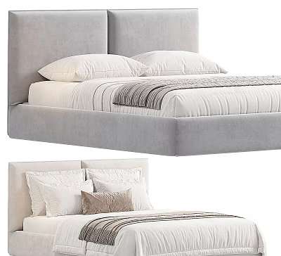 Modern Double Bed With Gray Headboard White Pillows And Striped Blanket 3d model