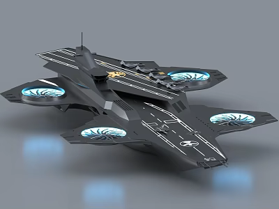 Futuristic Black Aircraft Model With Multiple Blue Propellers And Landing Gear 3d model