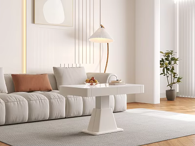 Modern White Coffee Table With Sofa Pillows Floor Lamp And Potted Plant On Wooden Floor 3d model
