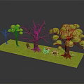 Green Grass With Trees In Lush Foliage Bare Trunks Small Sapling Stone And Mushrooms