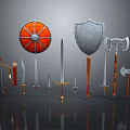 Assorted Medieval Weapons Collection Showcasing Shields Swords Axes Bows and Daggers 3d model