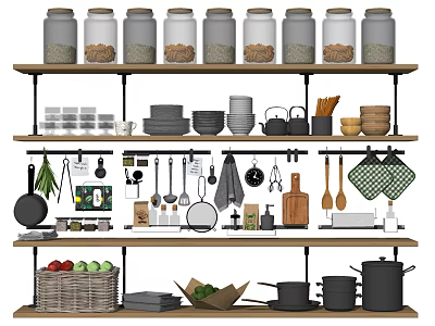 Multi tiered Kitchen Shelf Organizing Glass Jars Dishes Utensils Vegetables Pots And Bowls 3d model